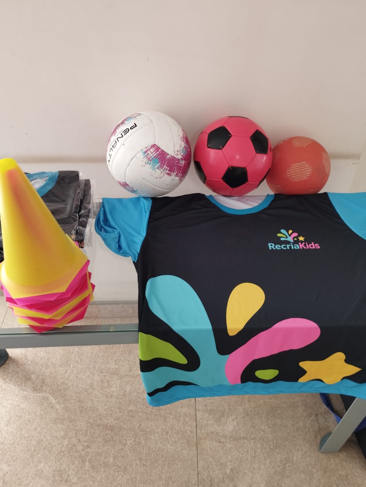 Bolas, cones e camiseta oficial da RecriaKids usados nas atividades